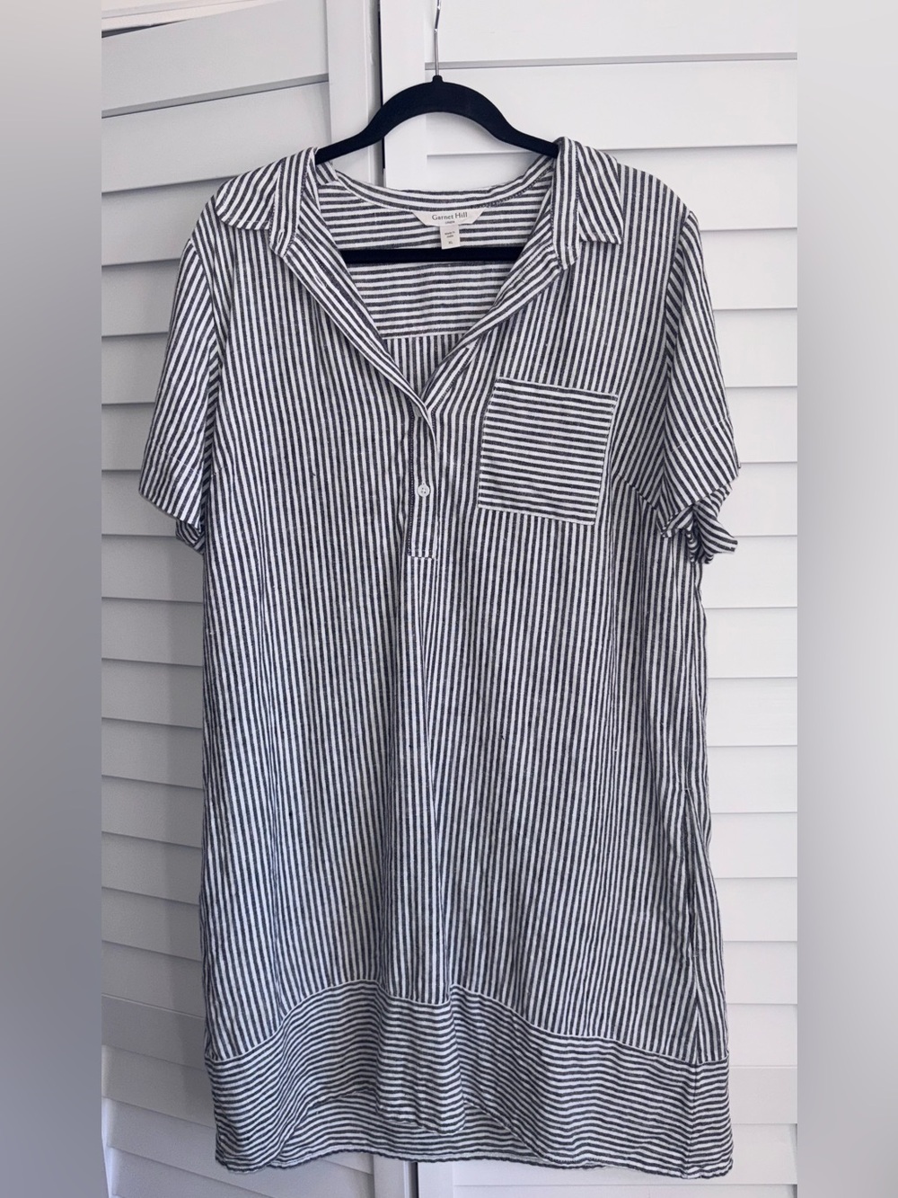 Garnet Hill 100 % Linen Navy & Blue Striped Shirt Dress
